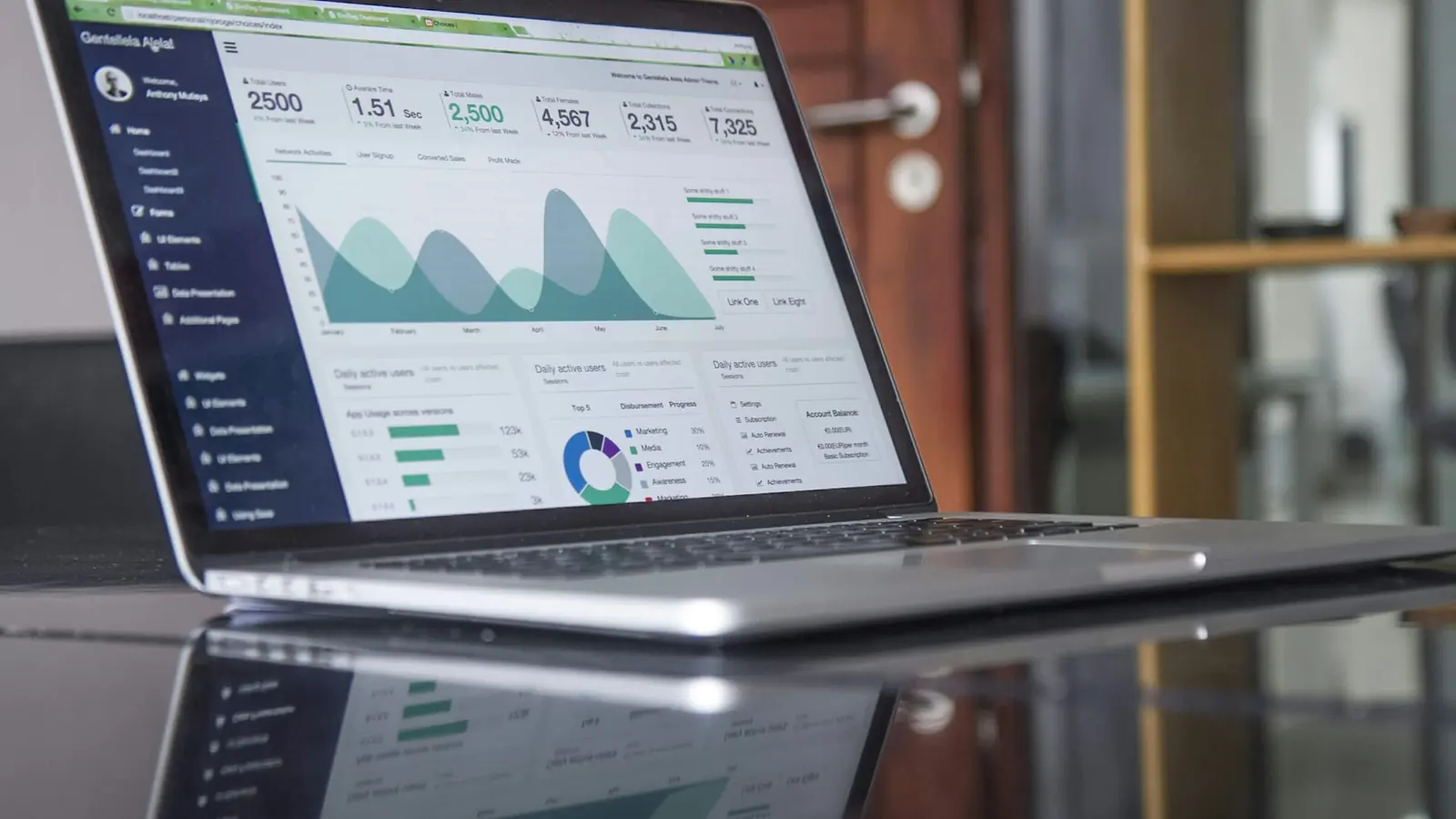 Laptop showing an analytics dashboard on a glass table