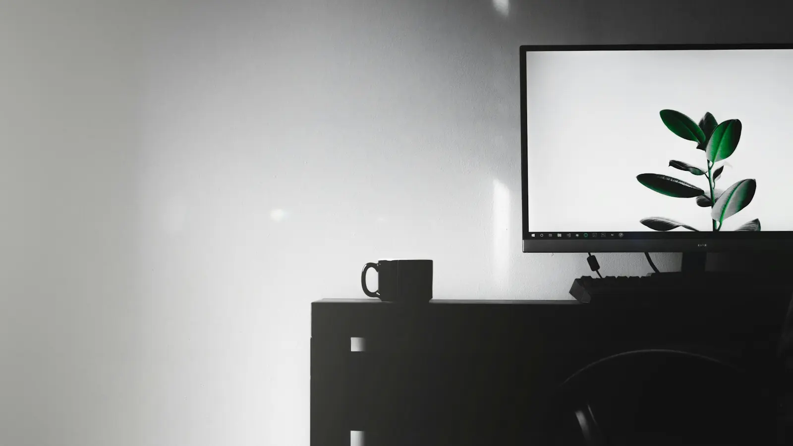 A dark desk with a monitor and a small plant