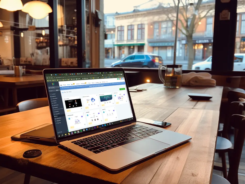 Laptop with an analytics dashboard open in a cafe